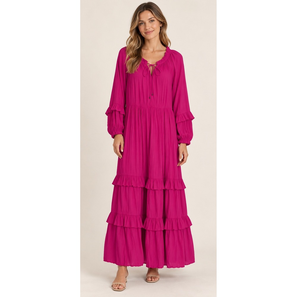Marie Oliver Fuschia Hot Pink Long Sleeve Ruffle Bubble Hem Maxi Dress XL